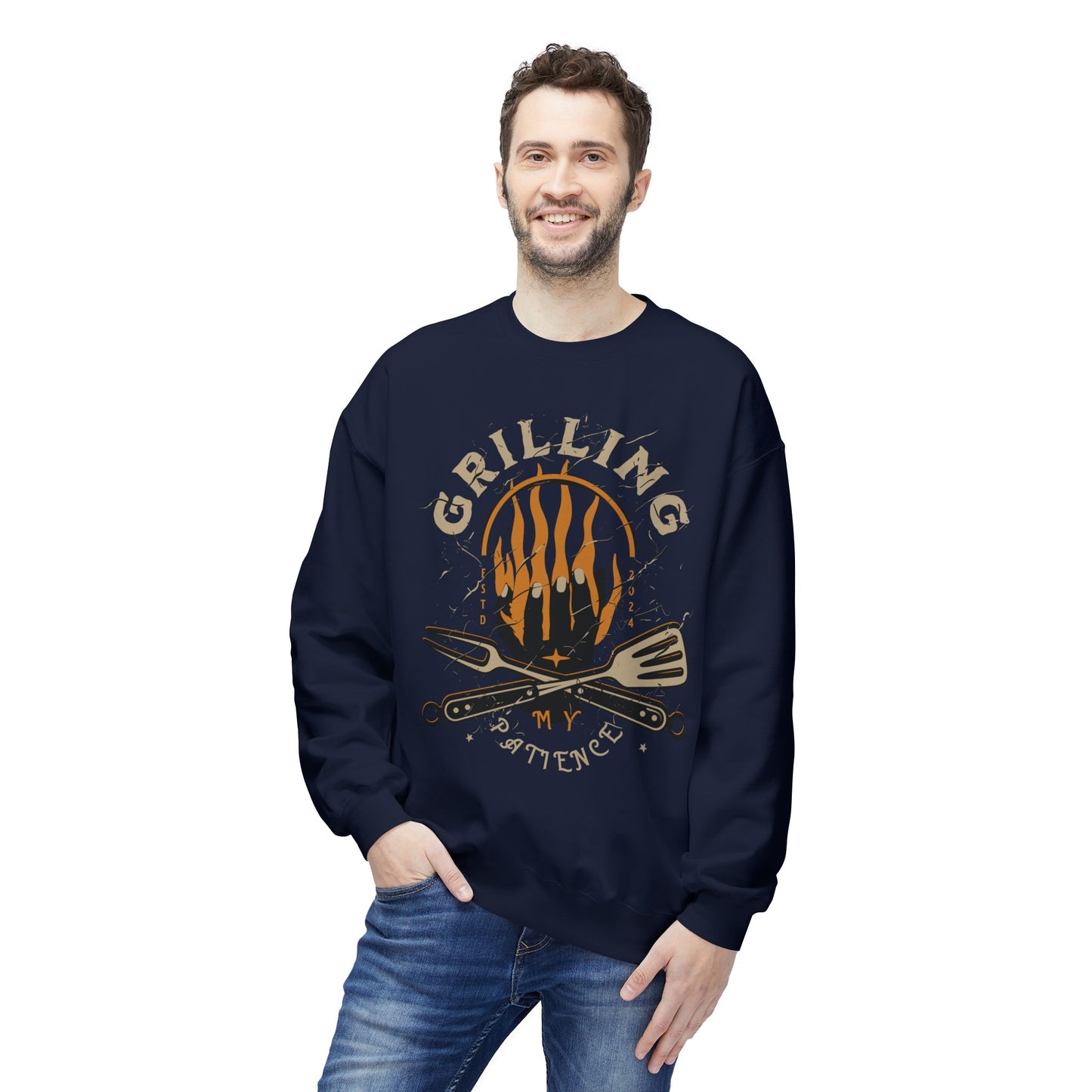 Women's "Grilling My Patience" Drop Shoulder Fleece Crewneck Sweatshirt