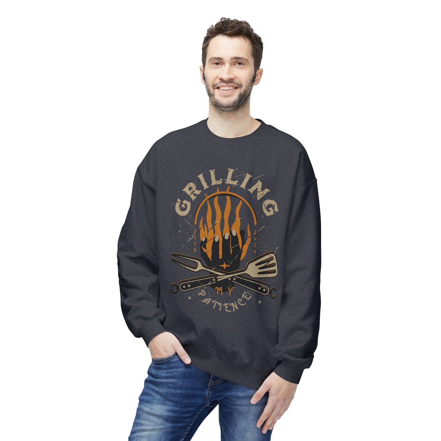 Women's "Grilling My Patience" Drop Shoulder Fleece Crewneck Sweatshirt