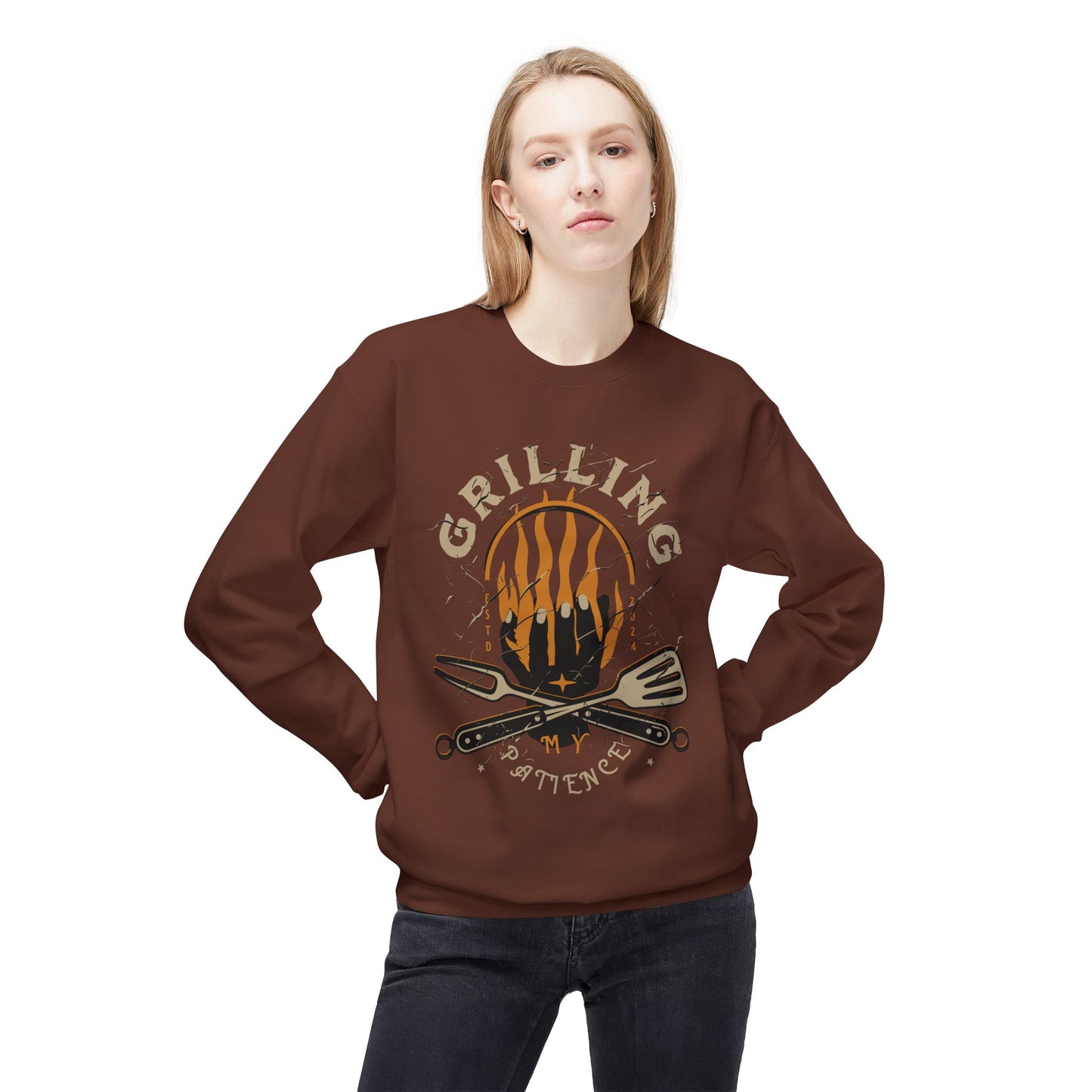Women's "Grilling My Patience" Drop Shoulder Fleece Crewneck Sweatshirt