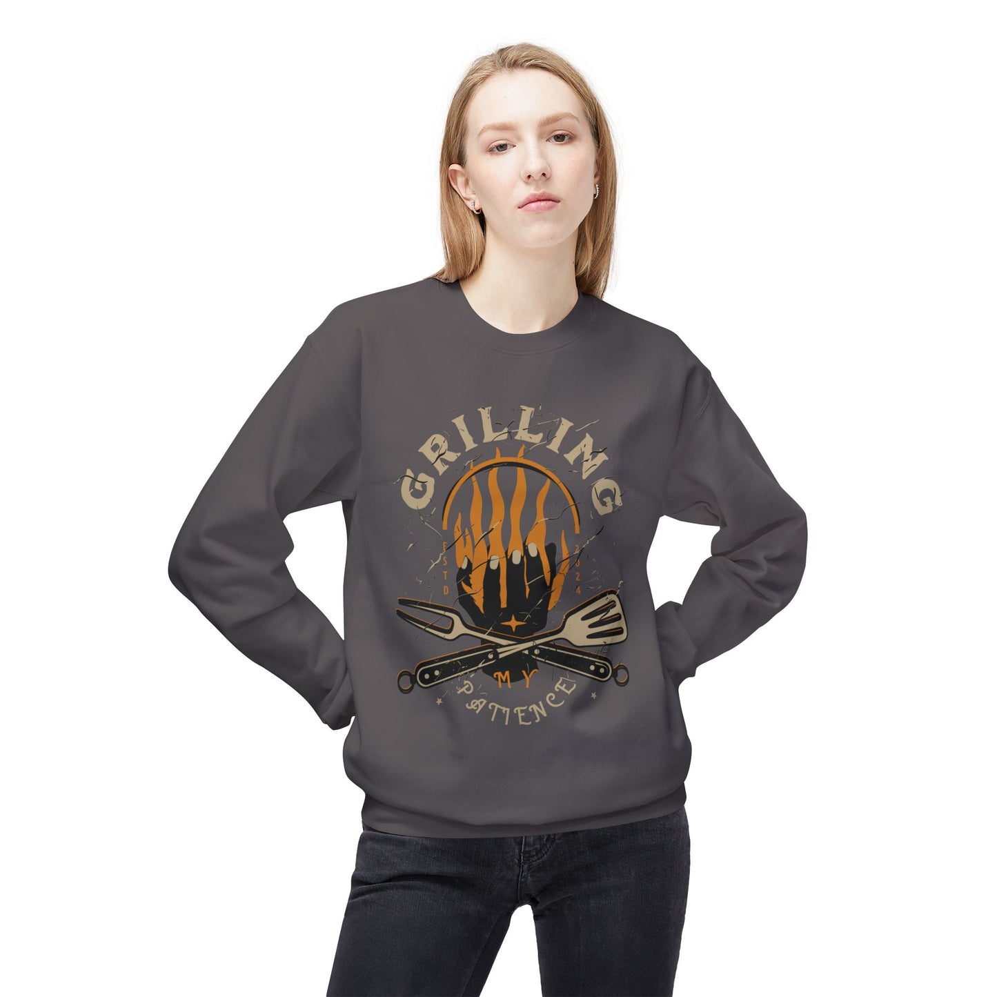 Women's "Grilling My Patience" Drop Shoulder Fleece Crewneck Sweatshirt