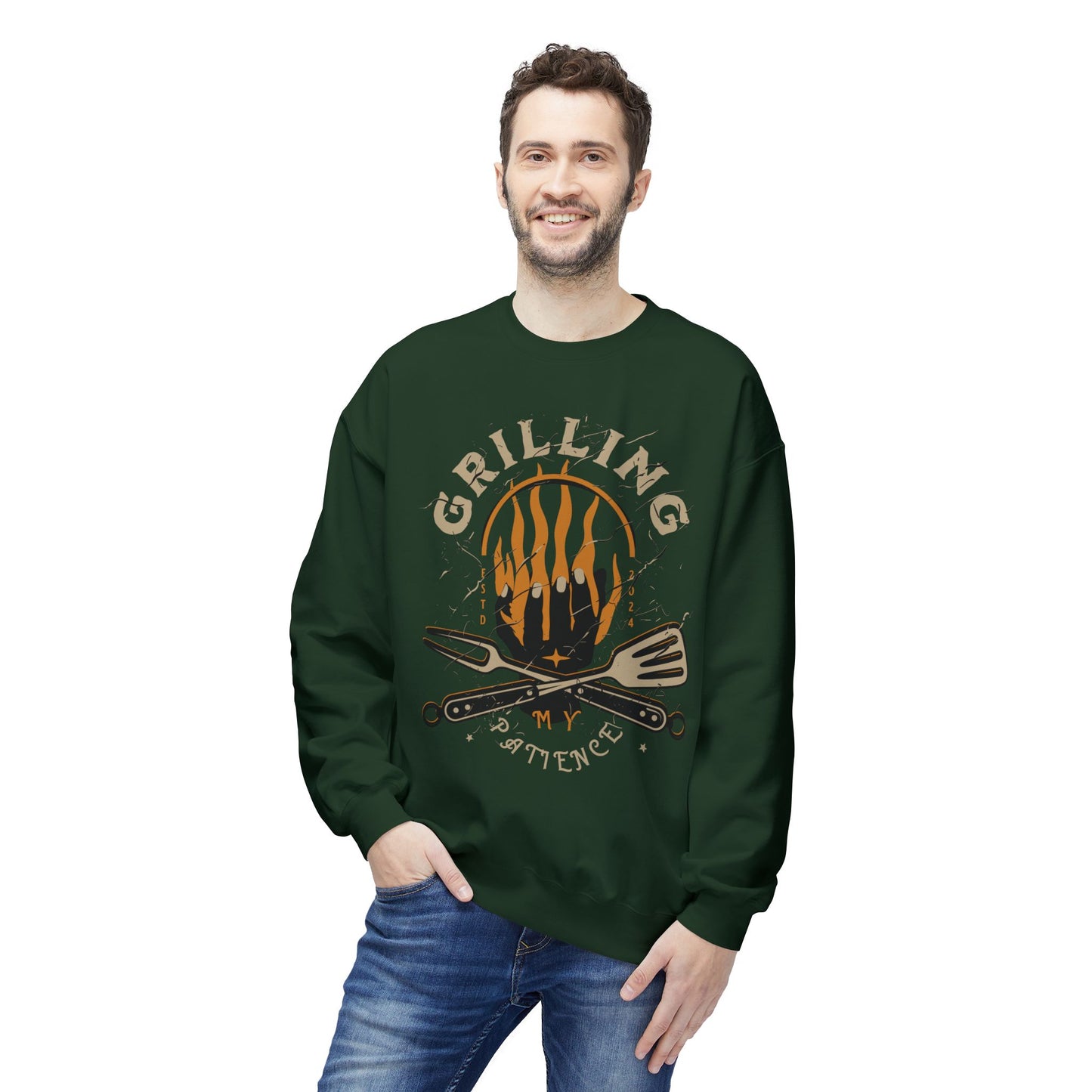 Women's "Grilling My Patience" Drop Shoulder Fleece Crewneck Sweatshirt