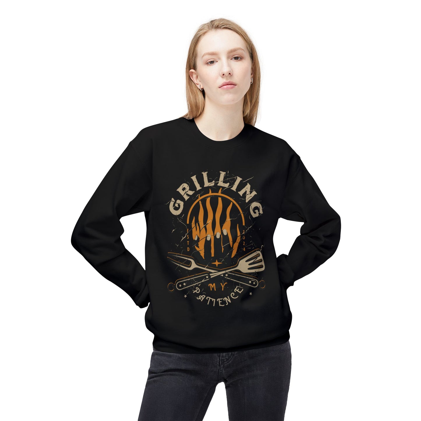 Women's "Grilling My Patience" Drop Shoulder Fleece Crewneck Sweatshirt
