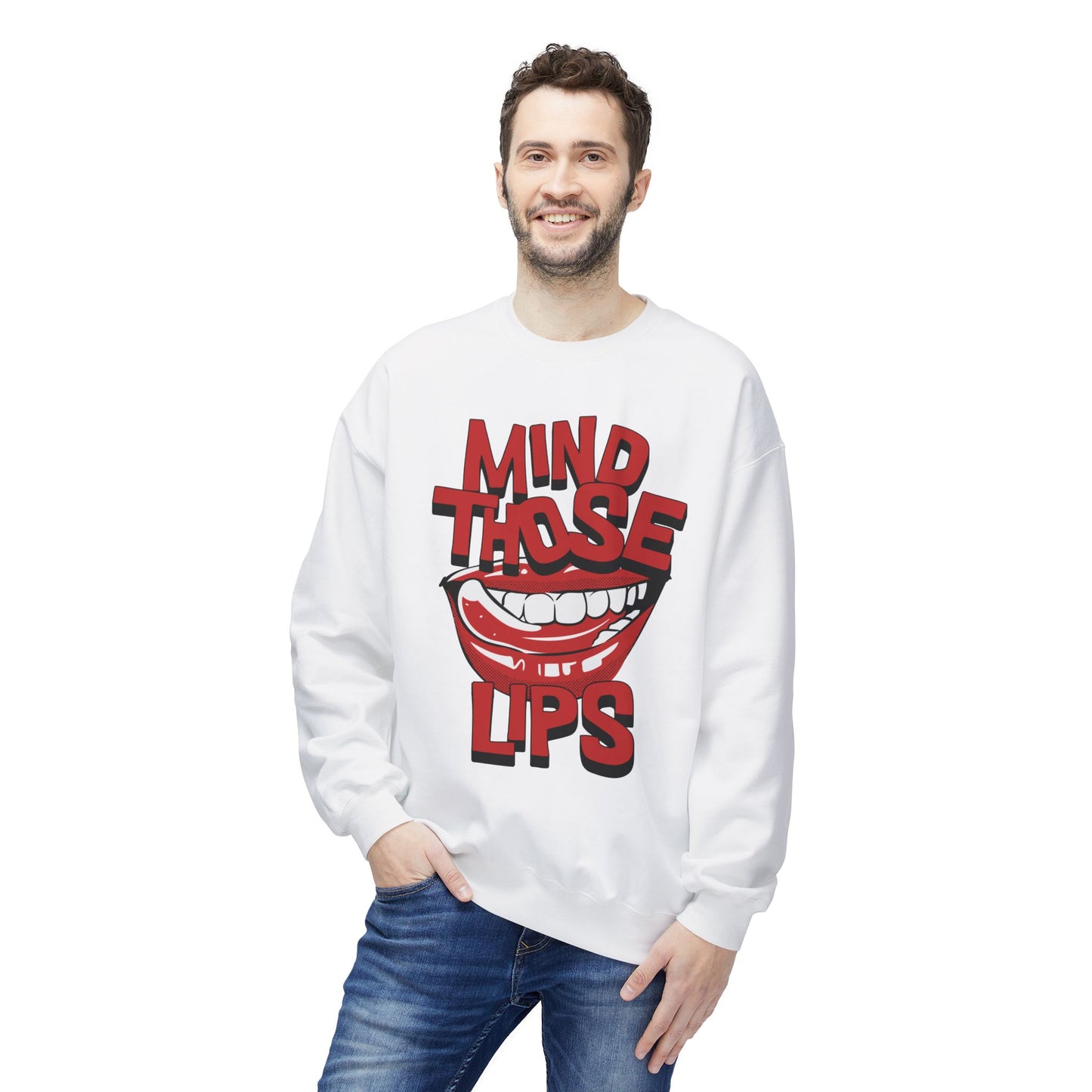 Men's "Mind Those Lips" Drop Shoulder Fleece Crewneck Sweatshirt