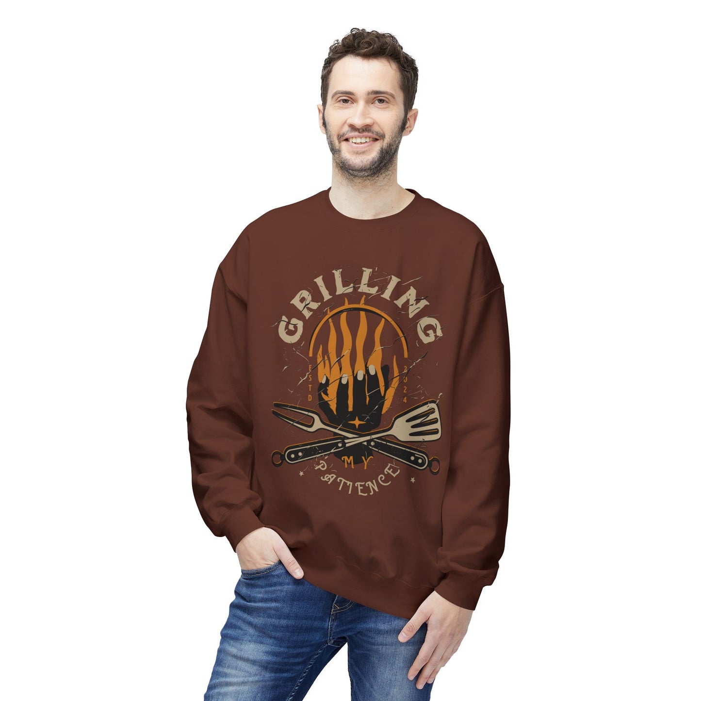 Women's "Grilling My Patience" Drop Shoulder Fleece Crewneck Sweatshirt
