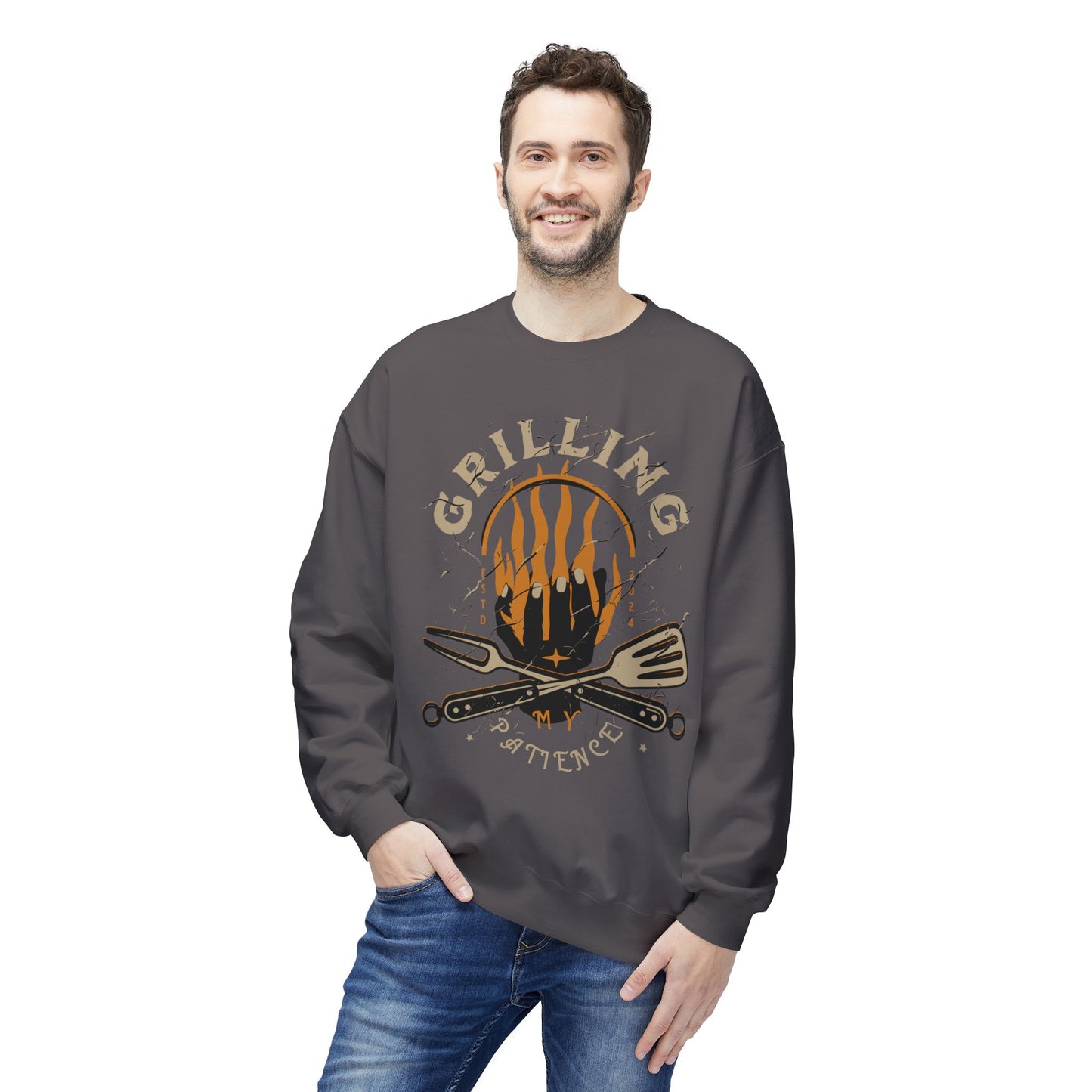 Women's "Grilling My Patience" Drop Shoulder Fleece Crewneck Sweatshirt