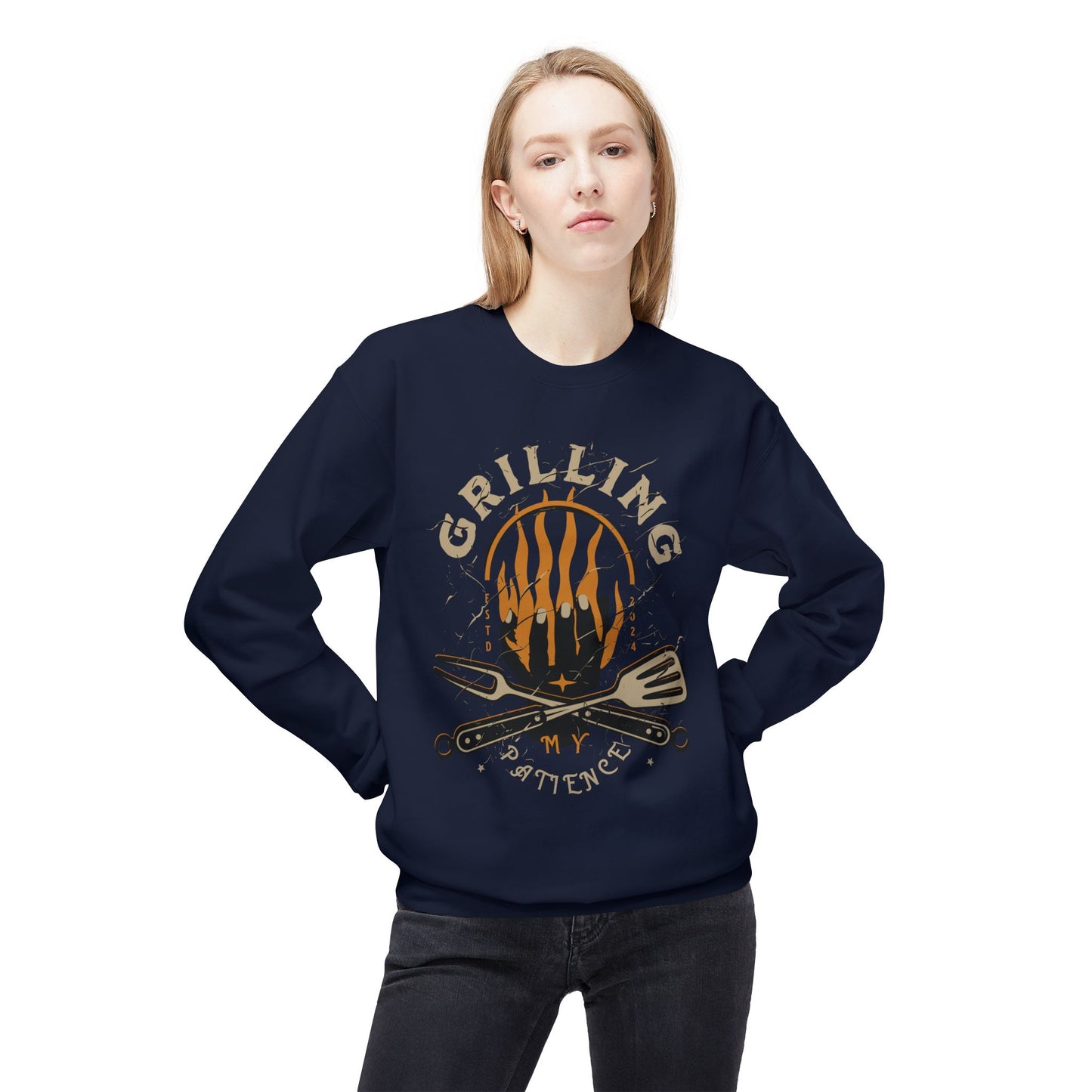 Women's "Grilling My Patience" Drop Shoulder Fleece Crewneck Sweatshirt