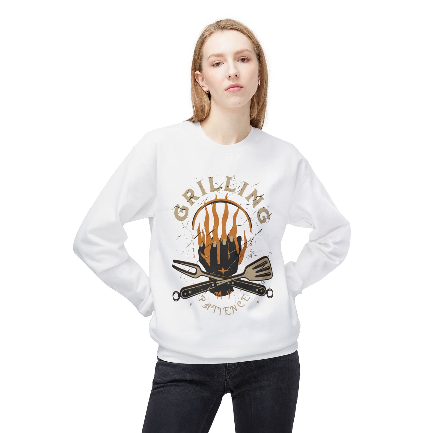 Women's "Grilling My Patience" Drop Shoulder Fleece Crewneck Sweatshirt