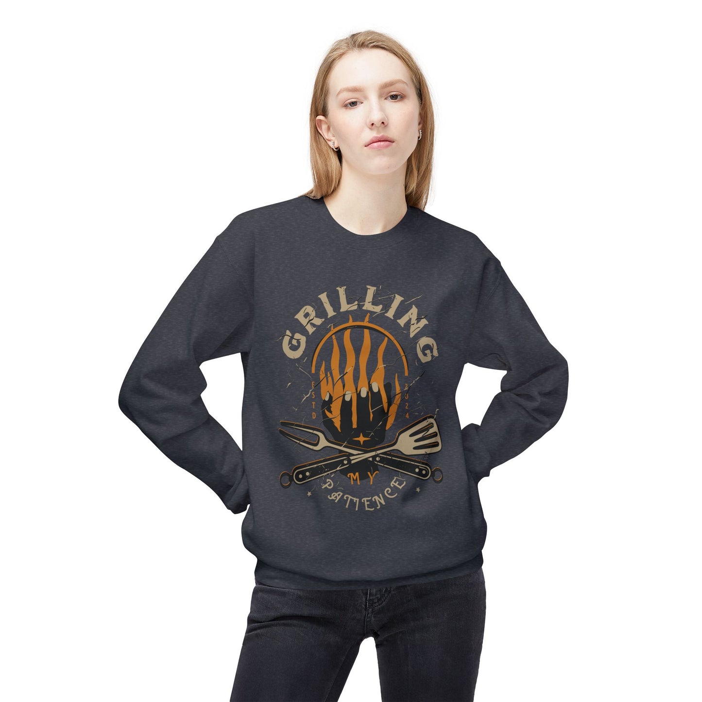 Women's "Grilling My Patience" Drop Shoulder Fleece Crewneck Sweatshirt
