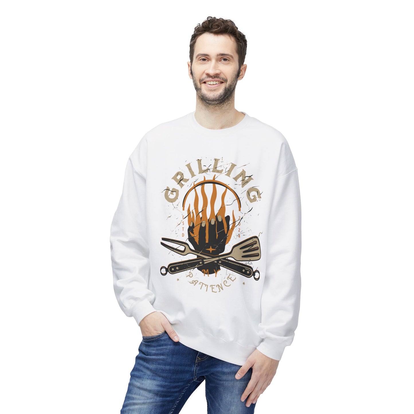 Women's "Grilling My Patience" Drop Shoulder Fleece Crewneck Sweatshirt