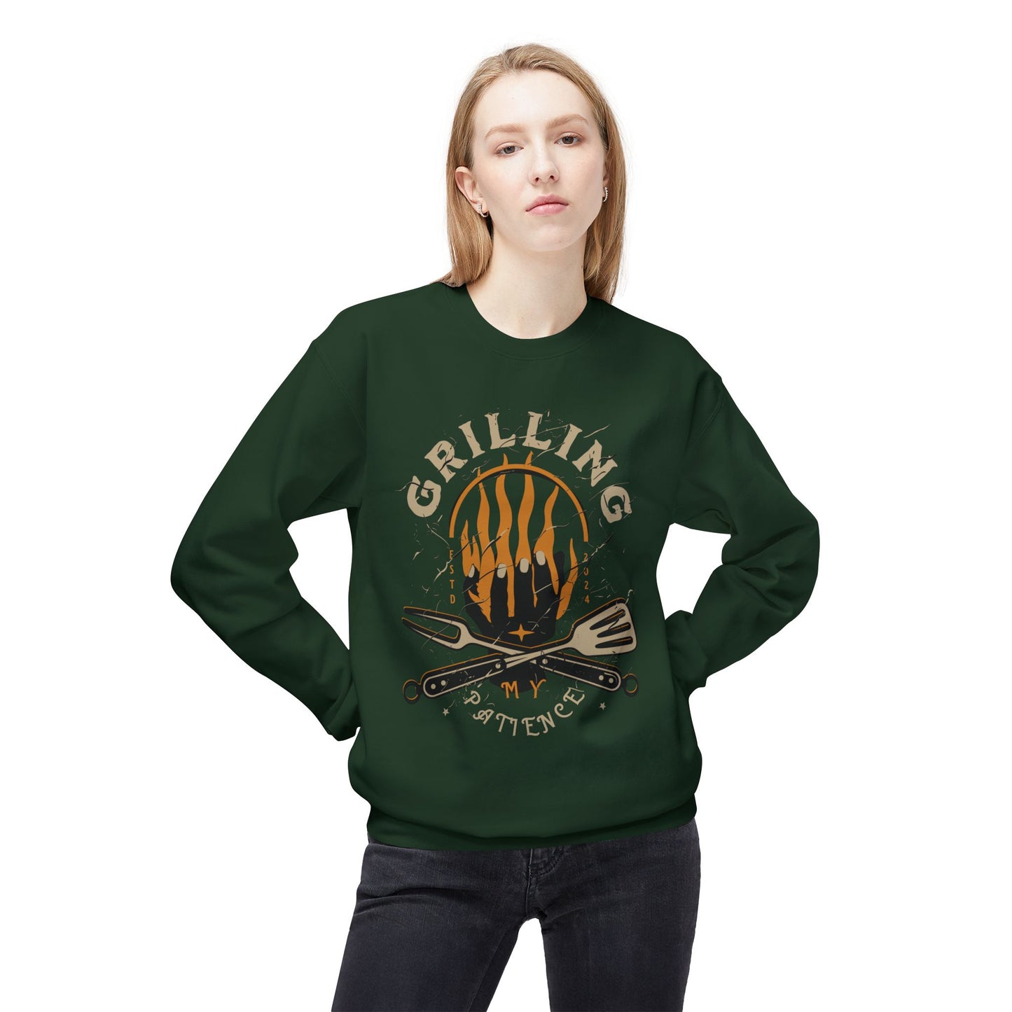 Women's "Grilling My Patience" Drop Shoulder Fleece Crewneck Sweatshirt